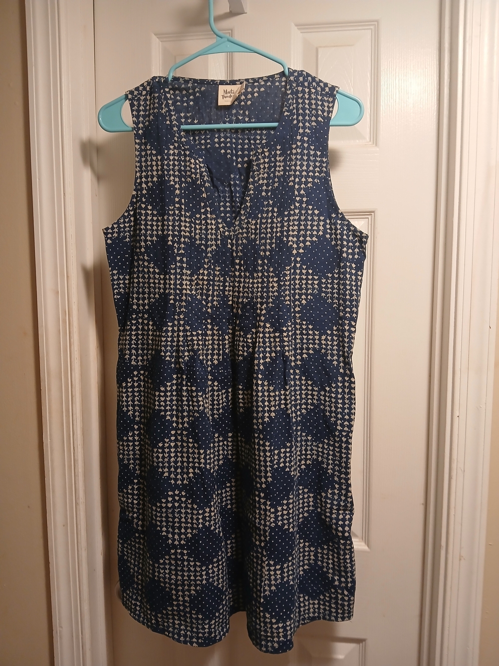 Mata TRADERS Navy Patterned Sleeveless Shift Cotton Dress SZ.L